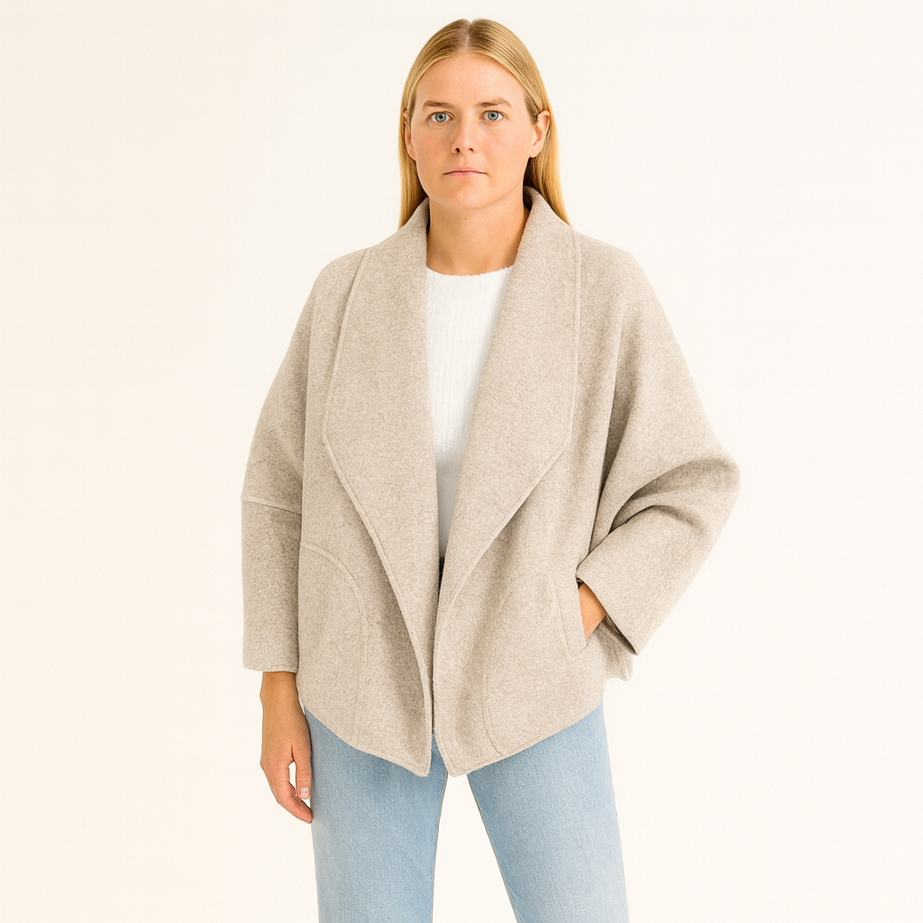 A wool-blend coat with a wide lapel collar, open front, long sleeves, and side pockets.