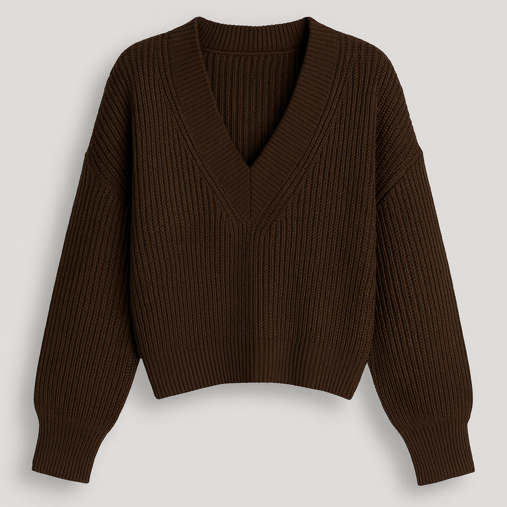 Ribbed knit sweater with deep V-neckline and relaxed fit, styled for chic casual wear