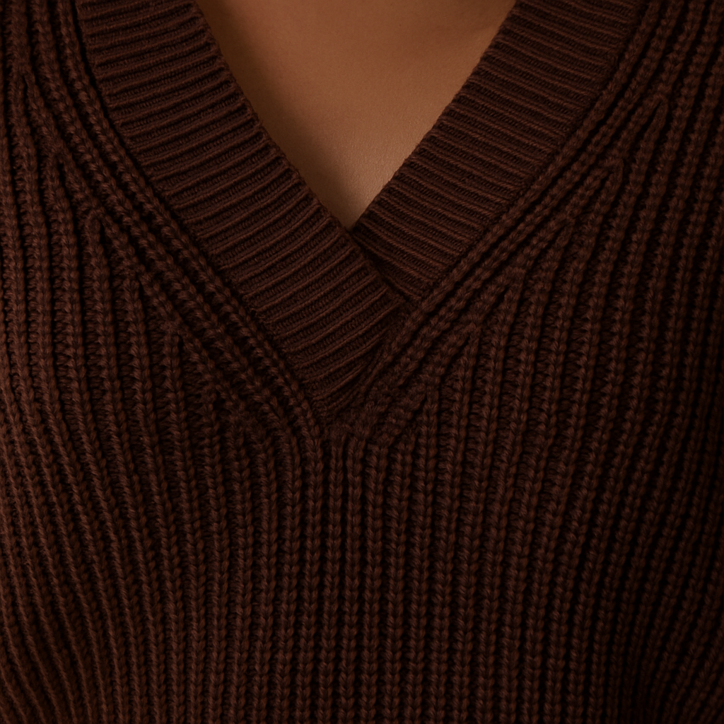 Ribbed knit sweater with deep V-neckline and relaxed fit, styled for chic casual wear
