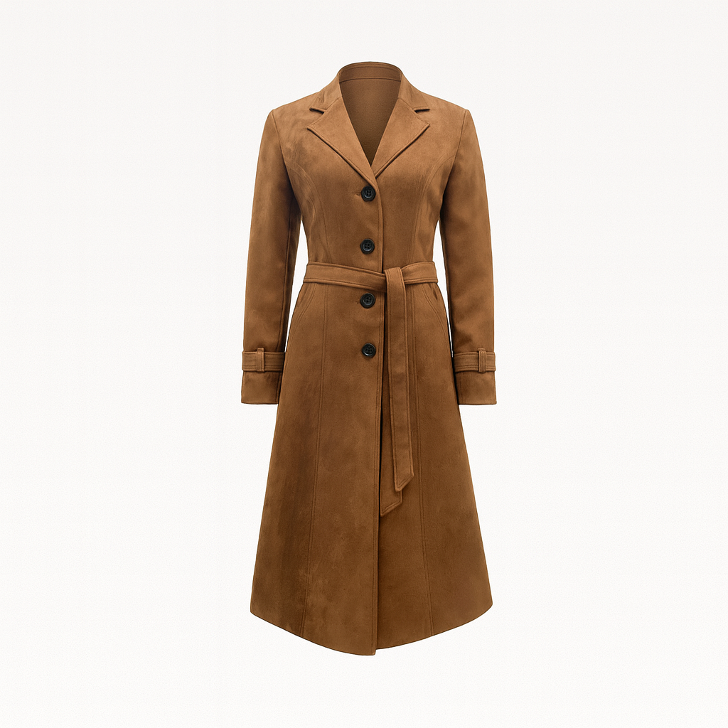 A long fitted coat with a notched collar, button-down front, long sleeves, and a flared hem.
