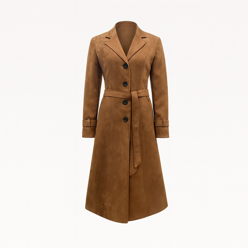 A long fitted coat with a notched collar, button-down front, long sleeves, and a flared hem.