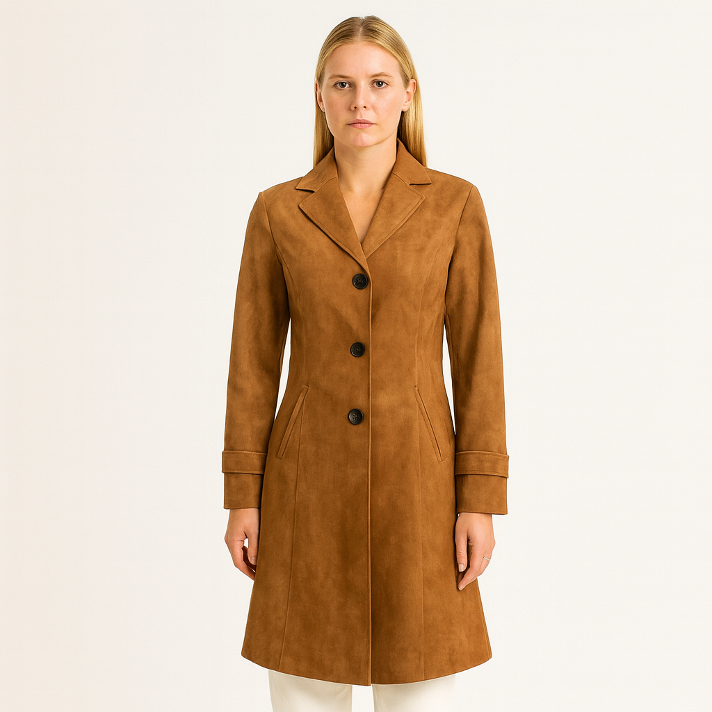 A long fitted coat with a notched collar, button-down front, long sleeves, and a flared hem.