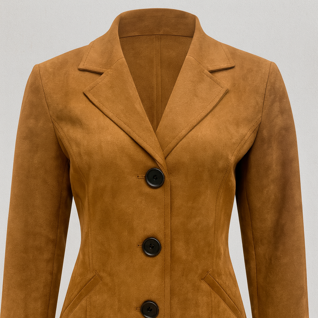 A long fitted coat with a notched collar, button-down front, long sleeves, and a flared hem.