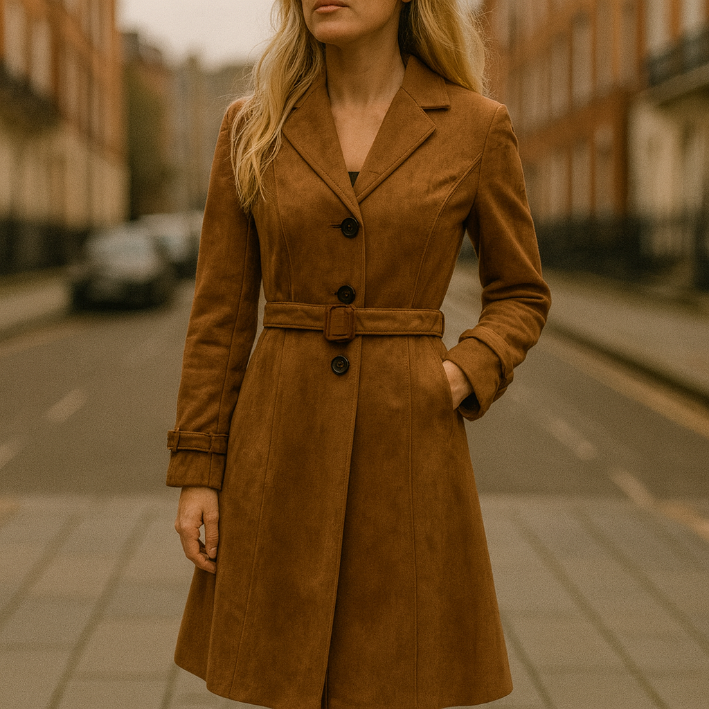 A long fitted coat with a notched collar, button-down front, long sleeves, and a flared hem.