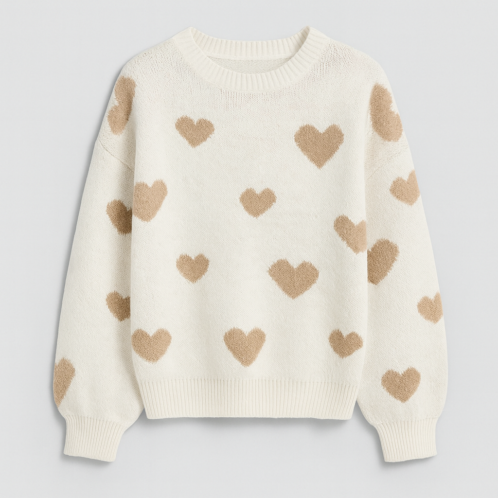 Knit sweater with heart pattern and relaxed fit, styled for cozy everyday wear