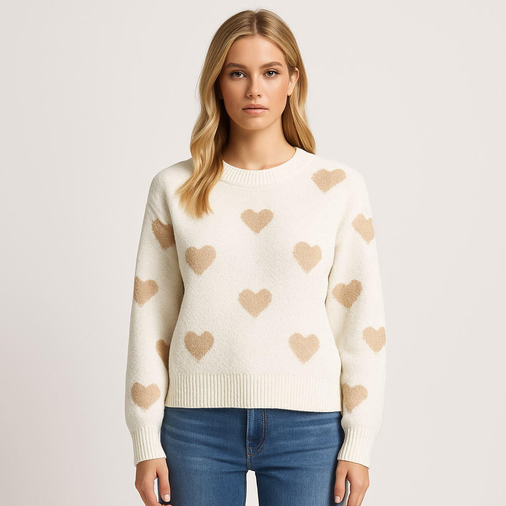 Knit sweater with heart pattern and relaxed fit, styled for cozy everyday wear