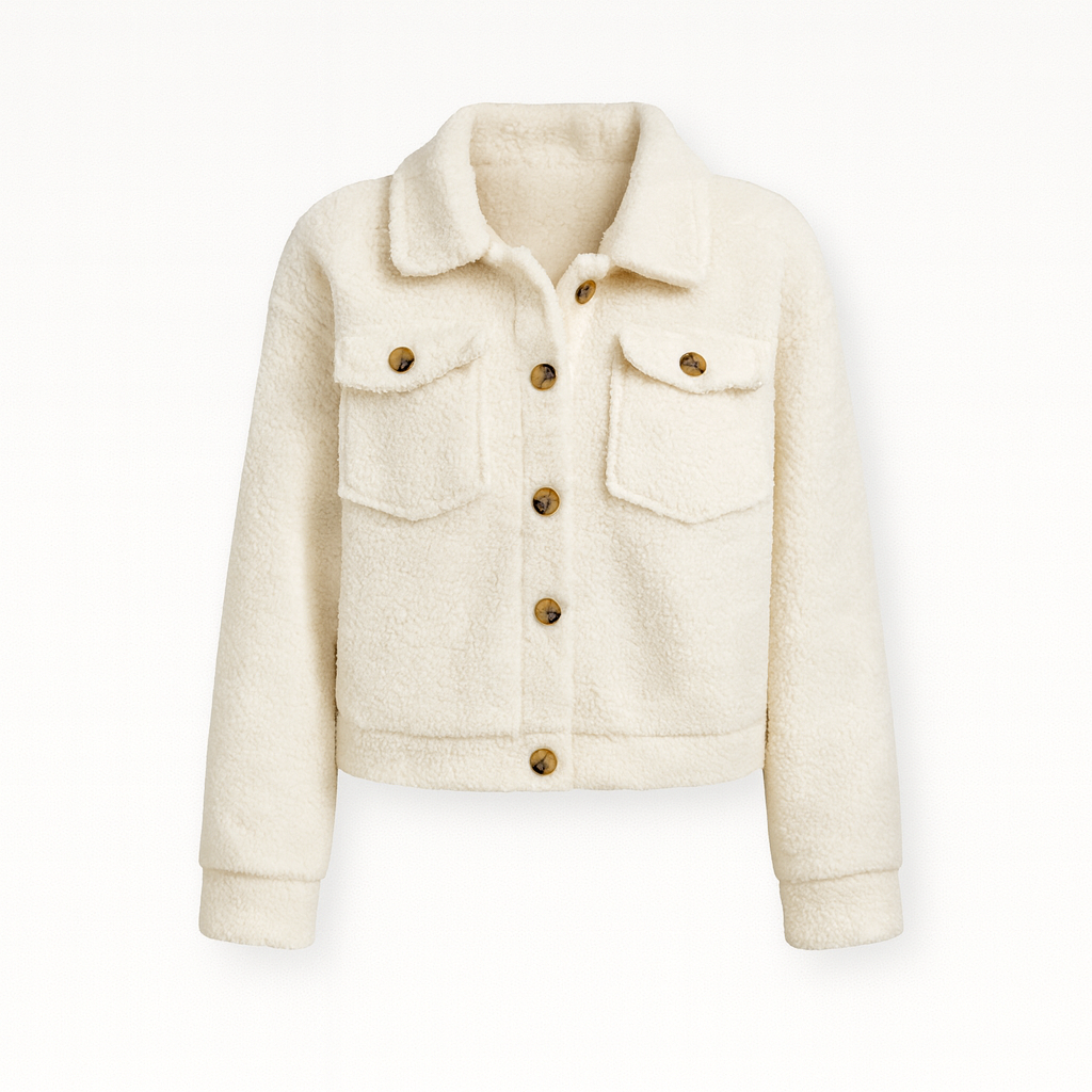 A soft textured teddy jacket with a lapel collar, button-down front, long sleeves, and two front flap pockets.