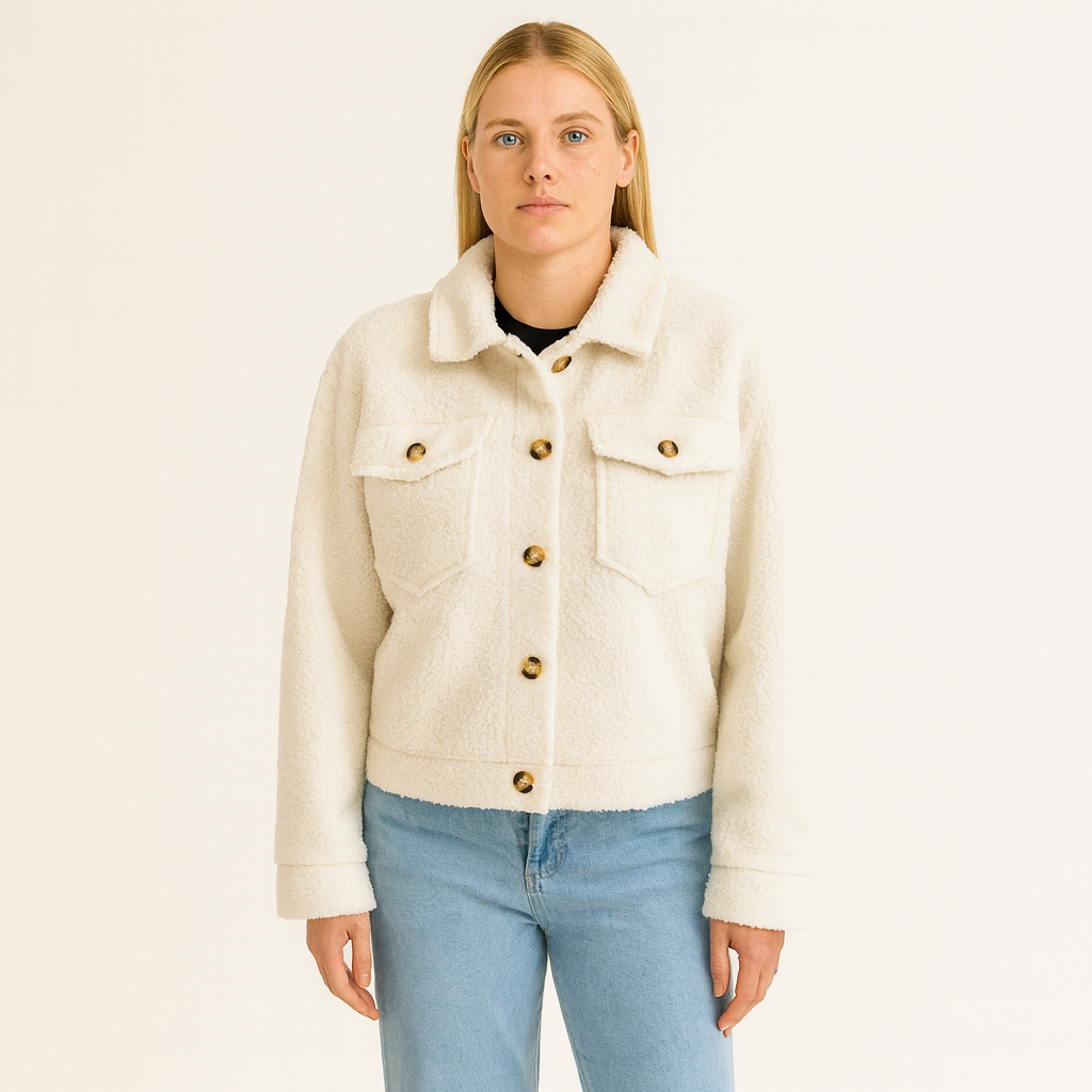 A soft textured teddy jacket with a lapel collar, button-down front, long sleeves, and two front flap pockets.