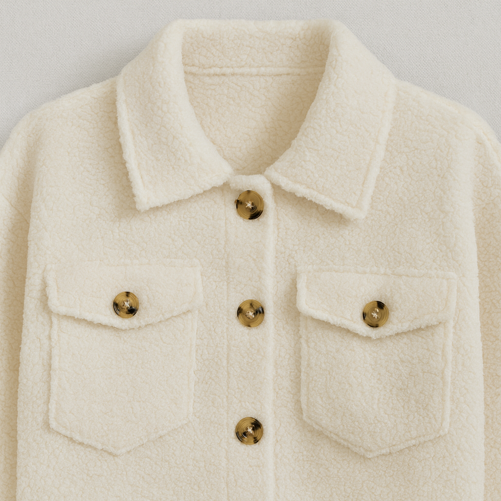 A soft textured teddy jacket with a lapel collar, button-down front, long sleeves, and two front flap pockets.