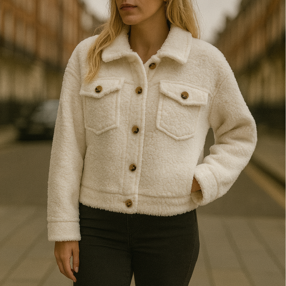 A soft textured teddy jacket with a lapel collar, button-down front, long sleeves, and two front flap pockets.