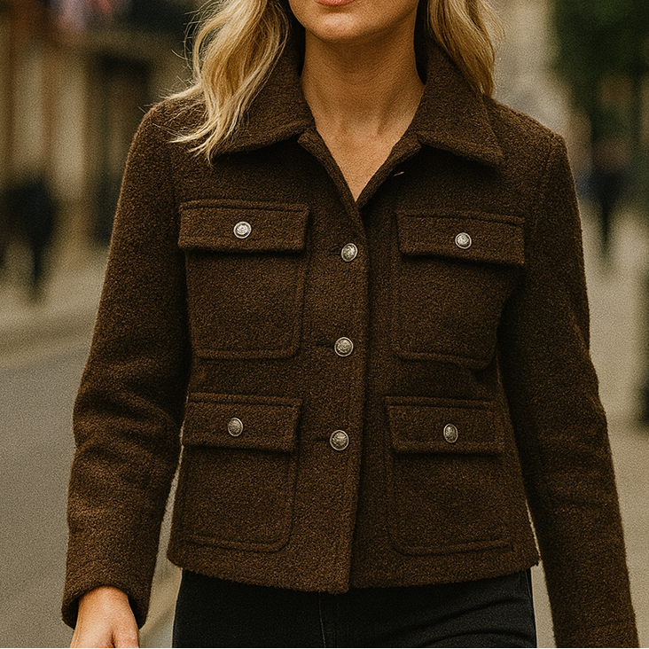 A short, textured jacket with a lapel collar, button-down front, long sleeves, and four front flap pockets.