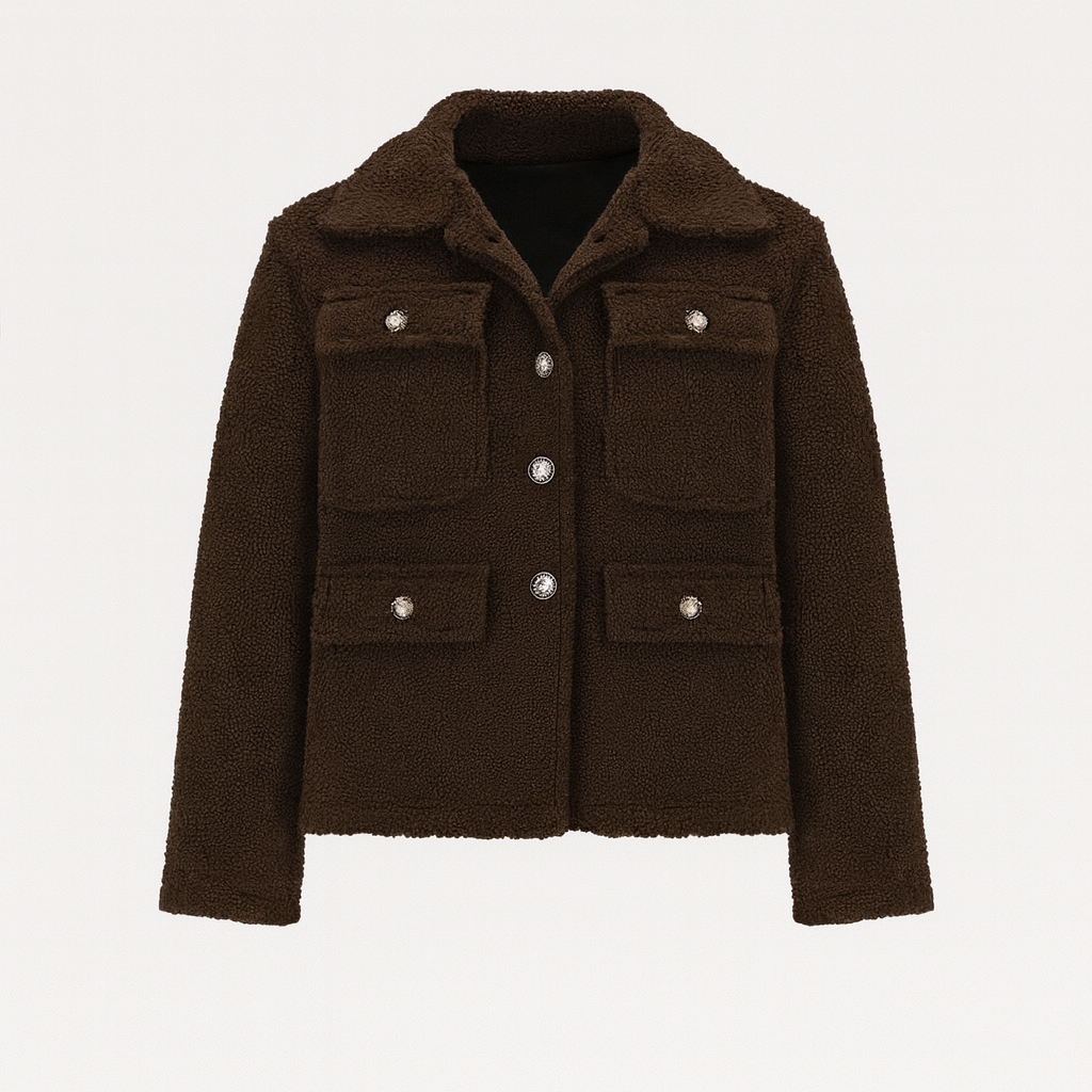 A short, textured jacket with a lapel collar, button-down front, long sleeves, and four front flap pockets.