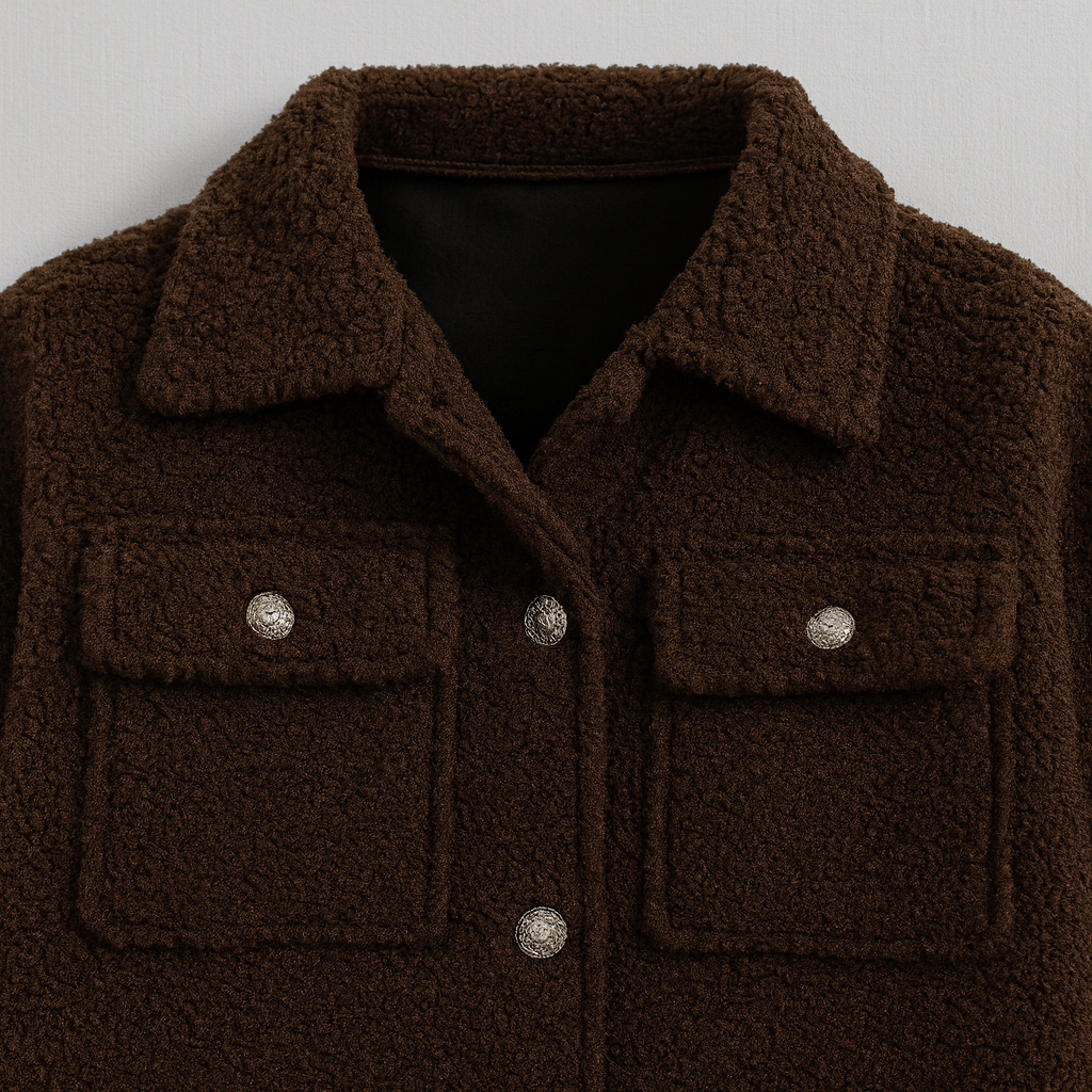 A short, textured jacket with a lapel collar, button-down front, long sleeves, and four front flap pockets.