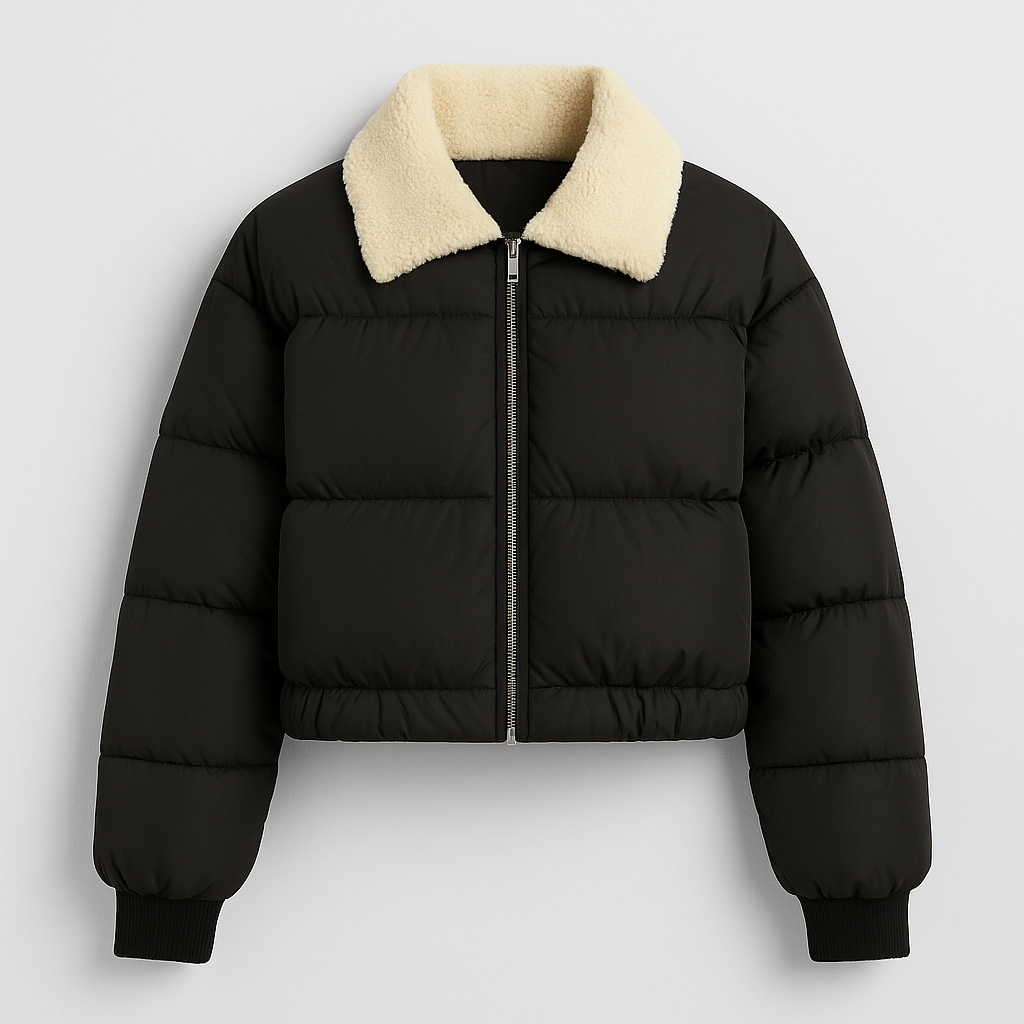 A puffer jacket with a zip-up front, stand collar, long sleeves, and elastic cuffs and hem.