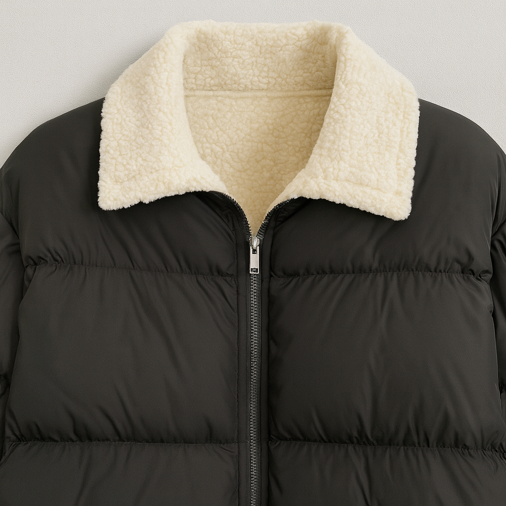 A puffer jacket with a zip-up front, stand collar, long sleeves, and elastic cuffs and hem.