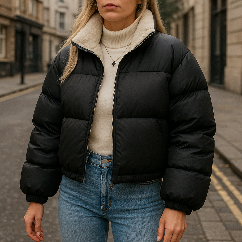 A puffer jacket with a zip-up front, stand collar, long sleeves, and elastic cuffs and hem.
