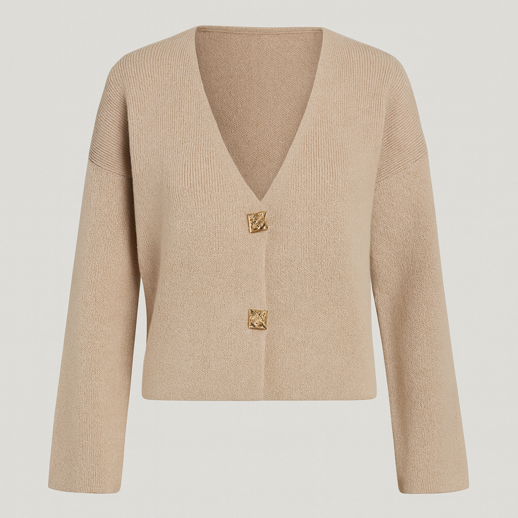 Knit cardigan with V-neckline and button-front design, styled for minimal and elegant everyday wear