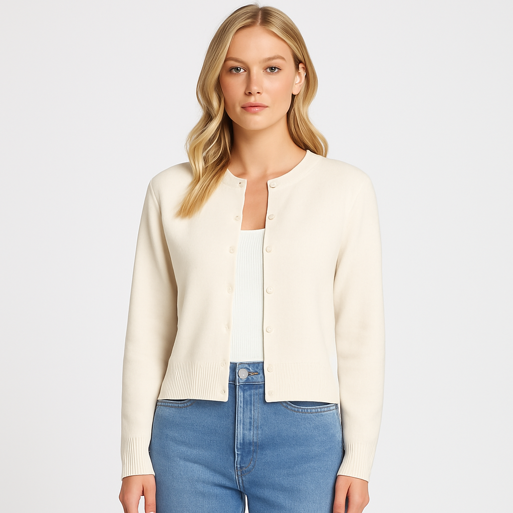 Knit button-front cardigan with ribbed detailing and a classic silhouette, styled for effortless everyday layering