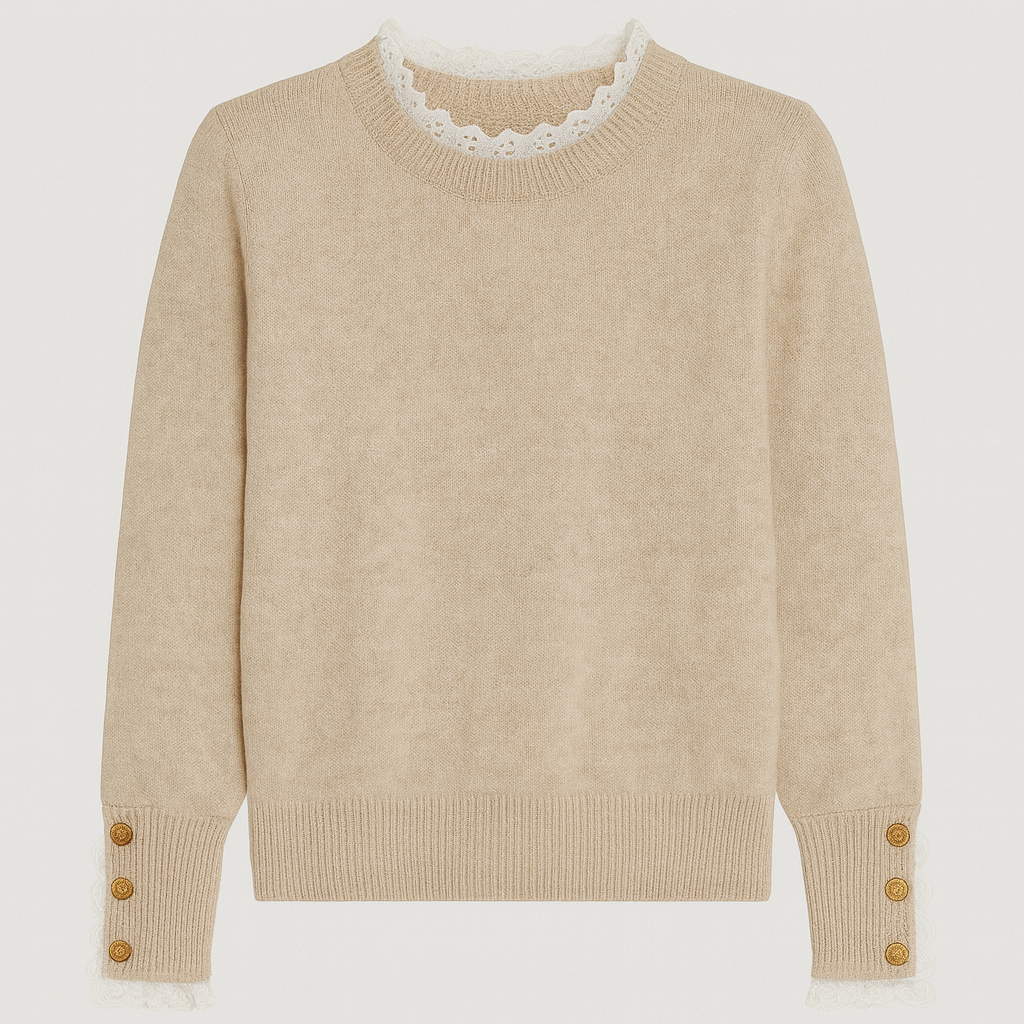 Knit sweater with lace-trim collar and cuffs, accented with gold buttons, styled for elegant feminine looks