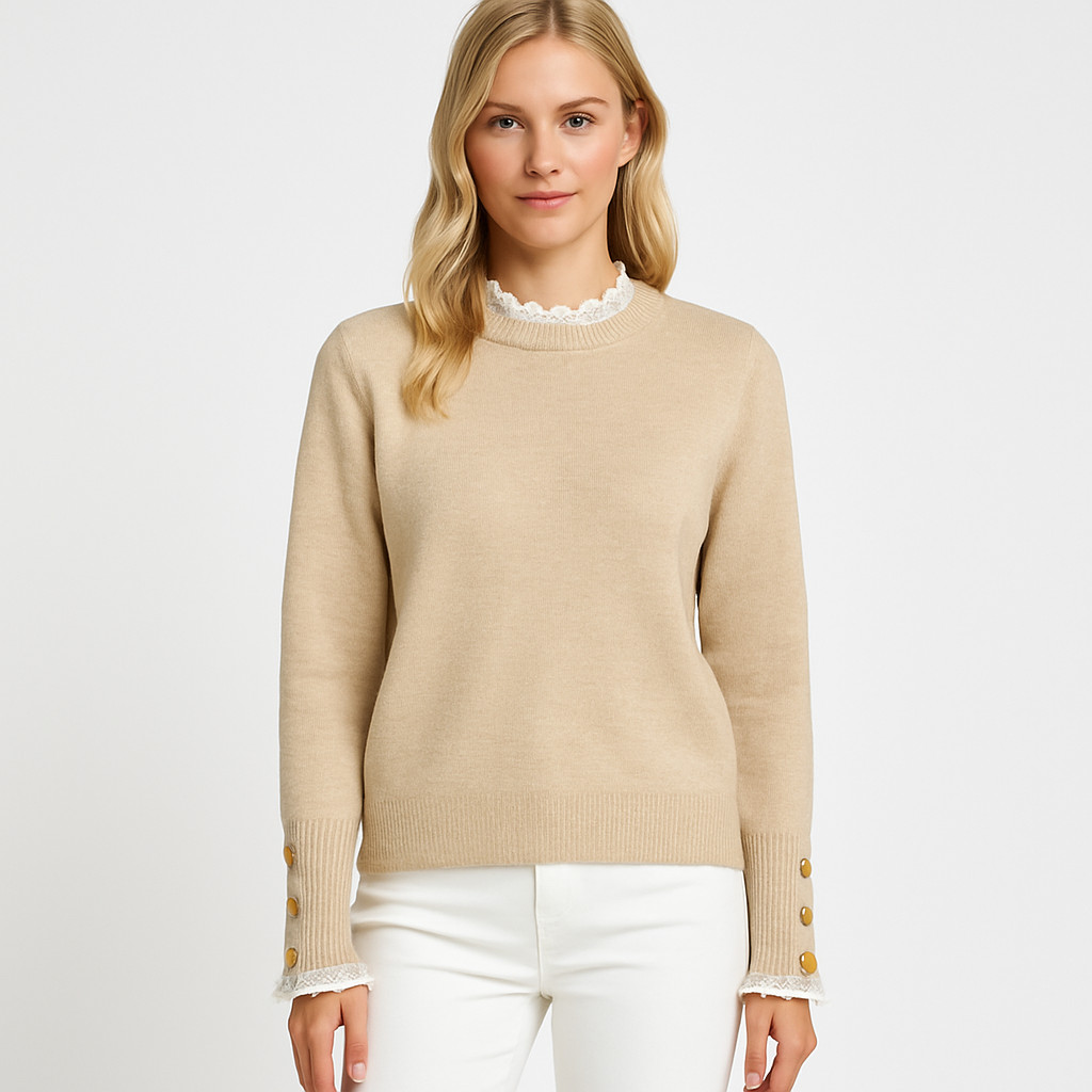 Knit sweater with lace-trim collar and cuffs, accented with gold buttons, styled for elegant feminine looks