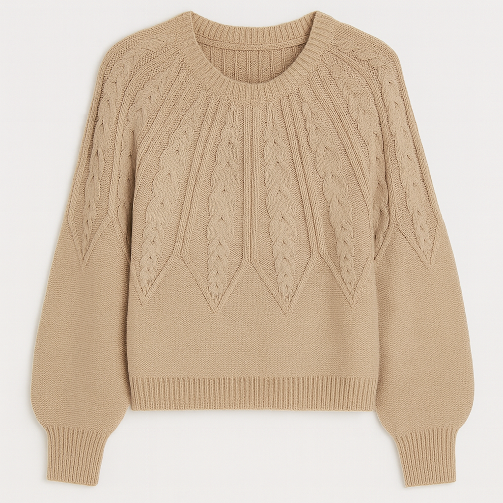 Knit cable sweater with textured detailing and relaxed fit, styled with a casual modern look