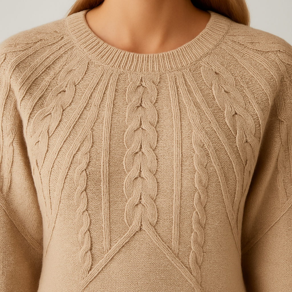 Knit cable sweater with textured detailing and relaxed fit, styled with a casual modern look