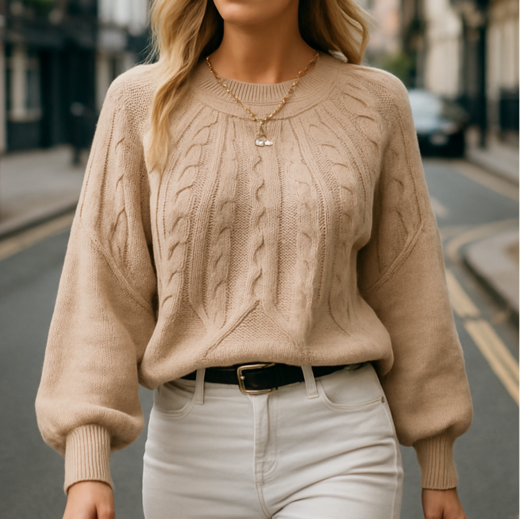 Knit cable sweater with textured detailing and relaxed fit, styled with a casual modern look