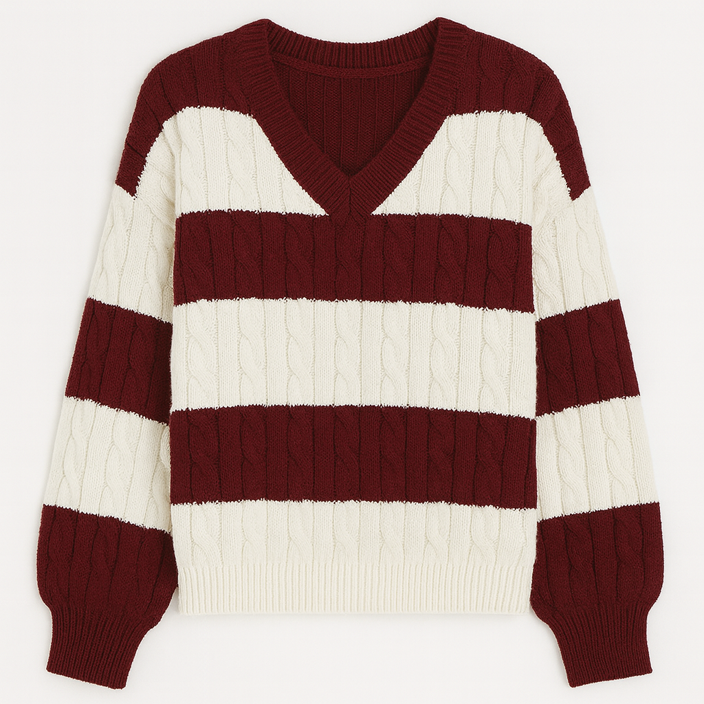 Cable-knit striped sweater with wide horizontal pattern and cozy textured detailing, styled for casual everyday wear
