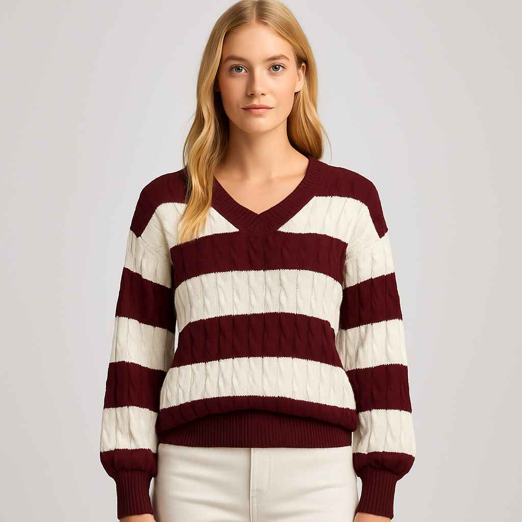 Cable-knit striped sweater with wide horizontal pattern and cozy textured detailing, styled for casual everyday wear