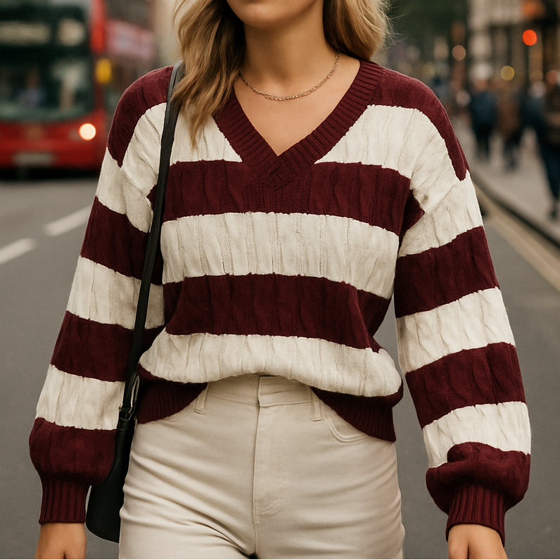Cable-knit striped sweater with wide horizontal pattern and cozy textured detailing, styled for casual everyday wear