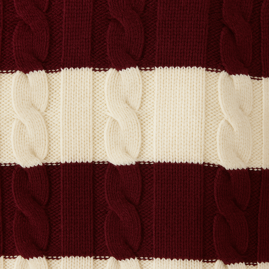 Cable-knit striped sweater with wide horizontal pattern and cozy textured detailing, styled for casual everyday wear