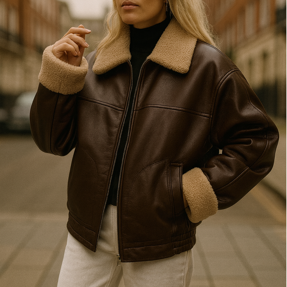 A faux leather jacket with a zip-up front, wide collar, long sleeves, and soft textured lining visible on the collar and cuffs.