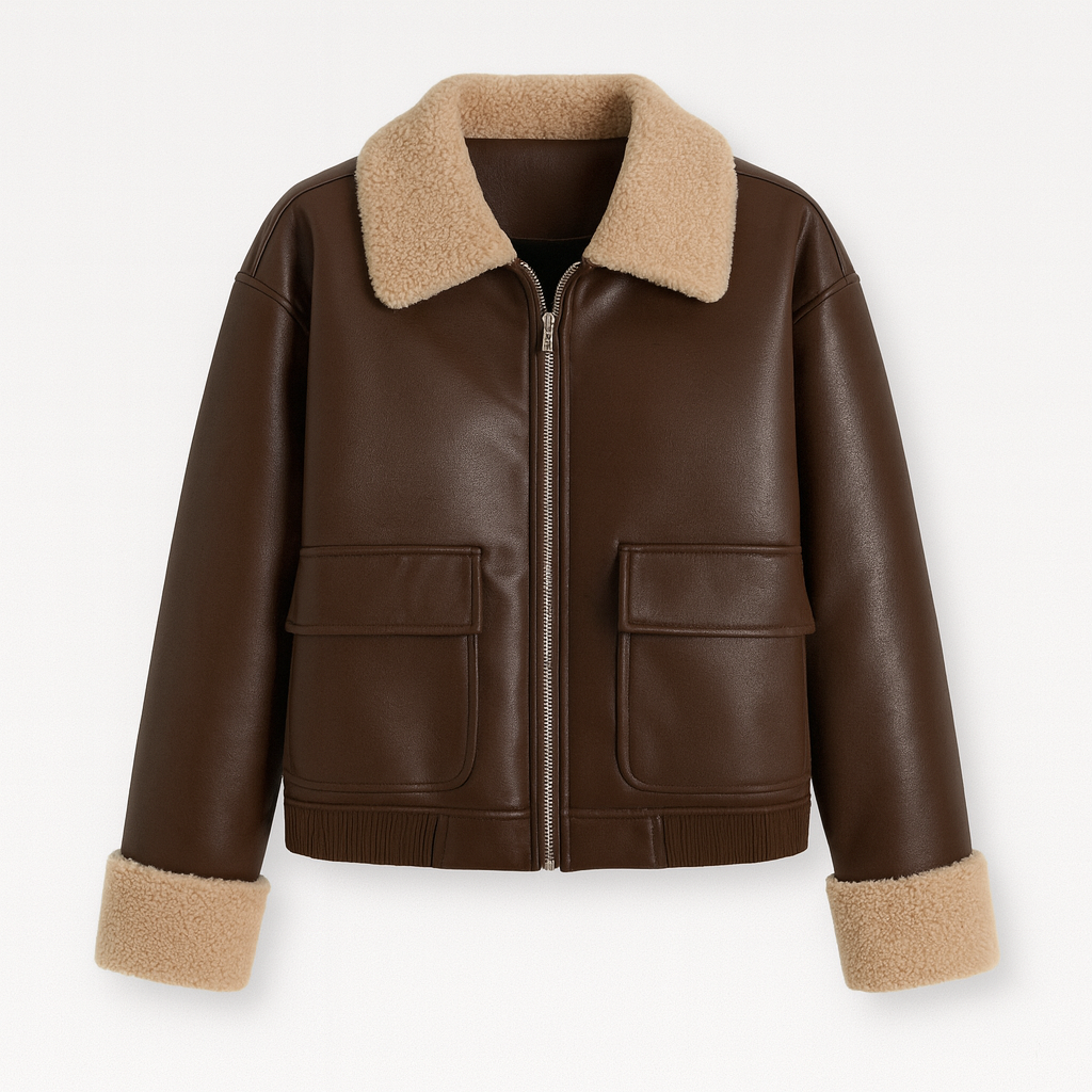 A faux leather jacket with a zip-up front, wide collar, long sleeves, and soft textured lining visible on the collar and cuffs.