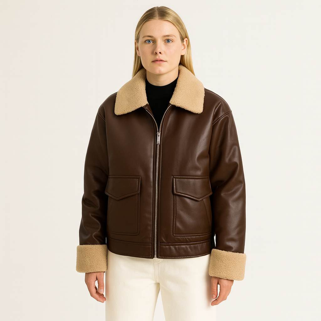 A faux leather jacket with a zip-up front, wide collar, long sleeves, and soft textured lining visible on the collar and cuffs.