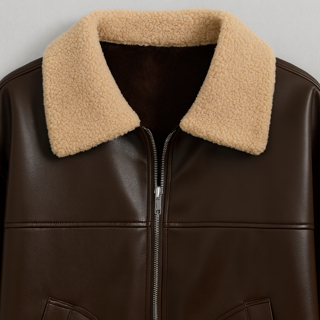A faux leather jacket with a zip-up front, wide collar, long sleeves, and soft textured lining visible on the collar and cuffs.