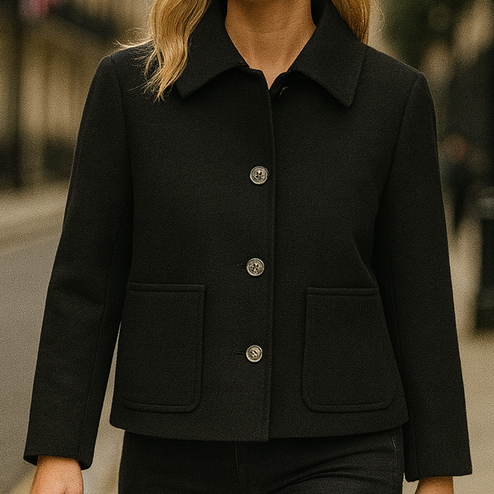 A loose-fit wool-blend coat with a turndown collar, button-up front, long sleeves, and side pockets.