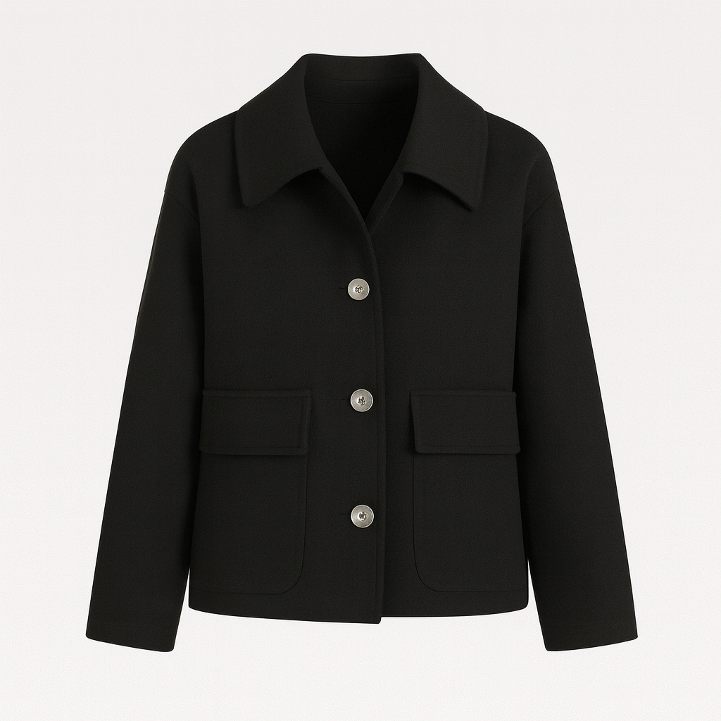 A loose-fit wool-blend coat with a turndown collar, button-up front, long sleeves, and side pockets.