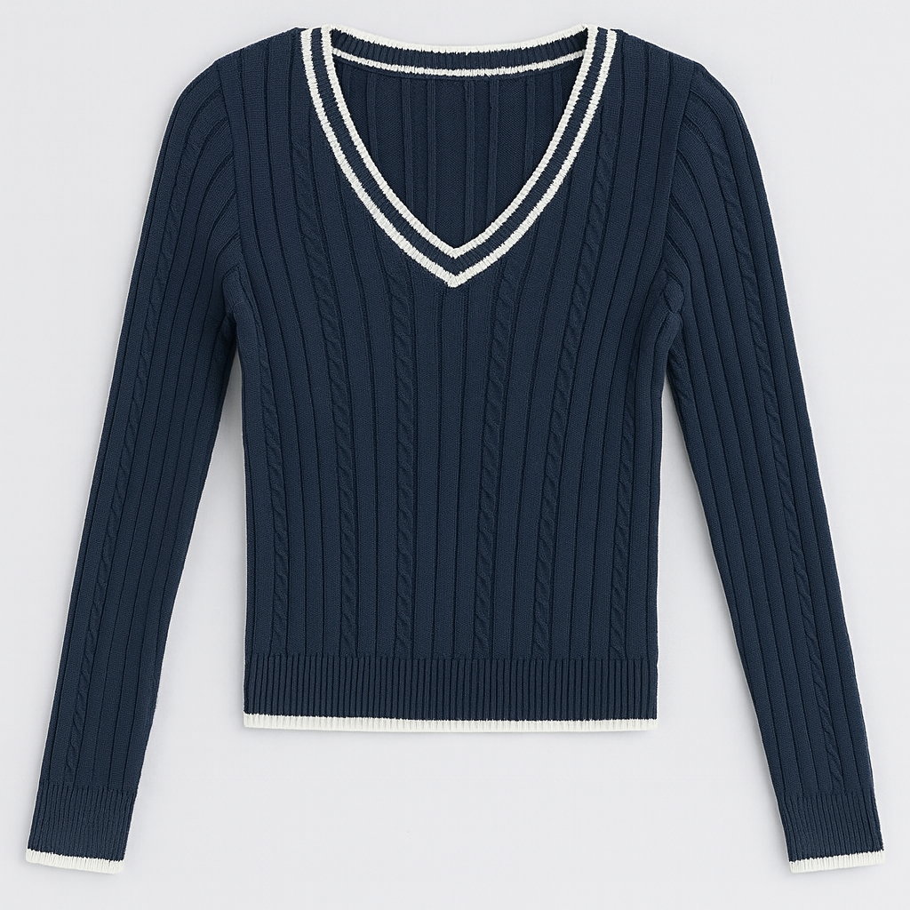 Fitted cable-knit V-neck sweater with contrast trim and ribbed texture, styled for classic casual wear