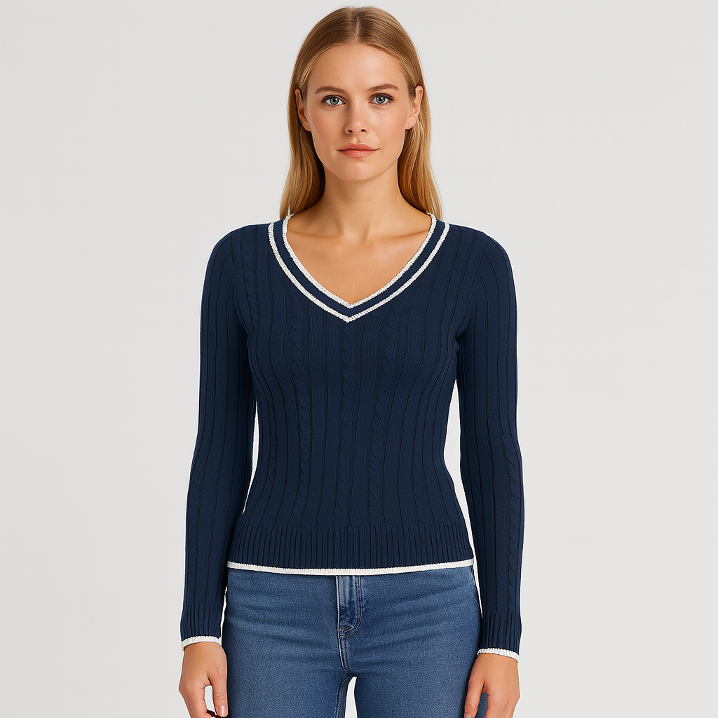 Fitted cable-knit V-neck sweater with contrast trim and ribbed texture, styled for classic casual wear
