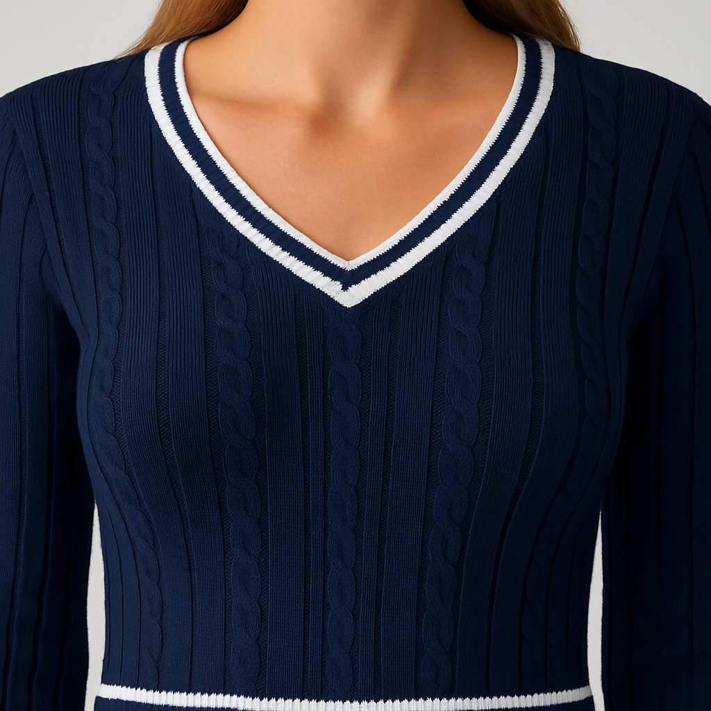 Fitted cable-knit V-neck sweater with contrast trim and ribbed texture, styled for classic casual wear