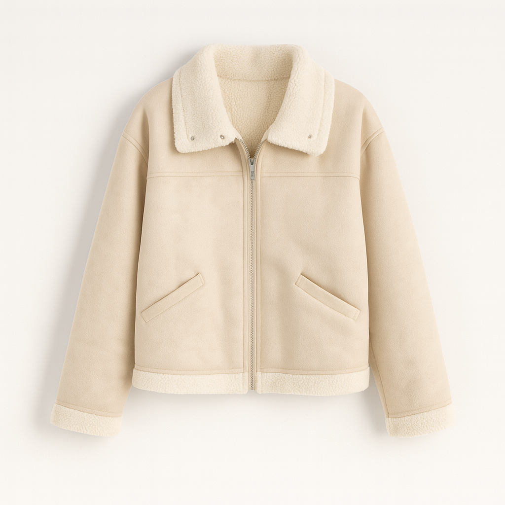A casual zip-up jacket with a fold-over collar, long sleeves, and visible soft lining on the edges and interior.