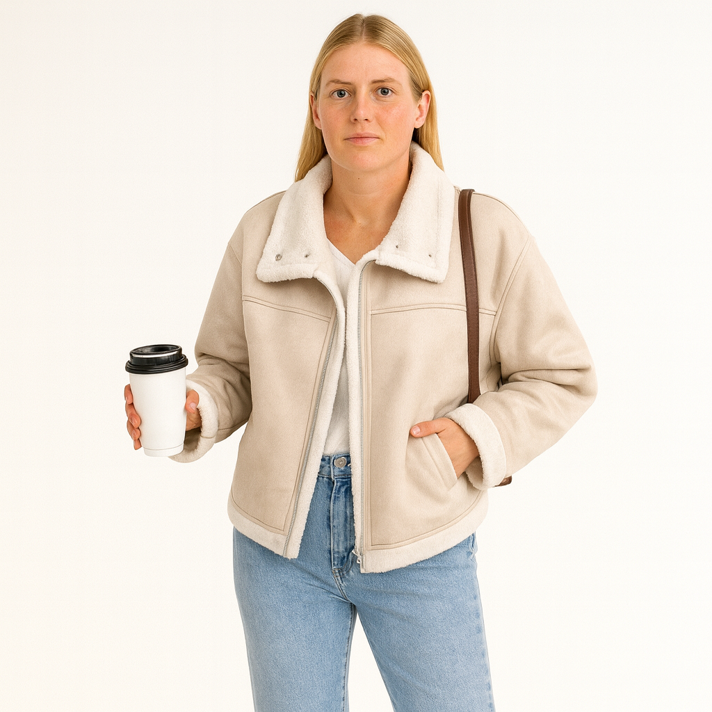 A casual zip-up jacket with a fold-over collar, long sleeves, and visible soft lining on the edges and interior.