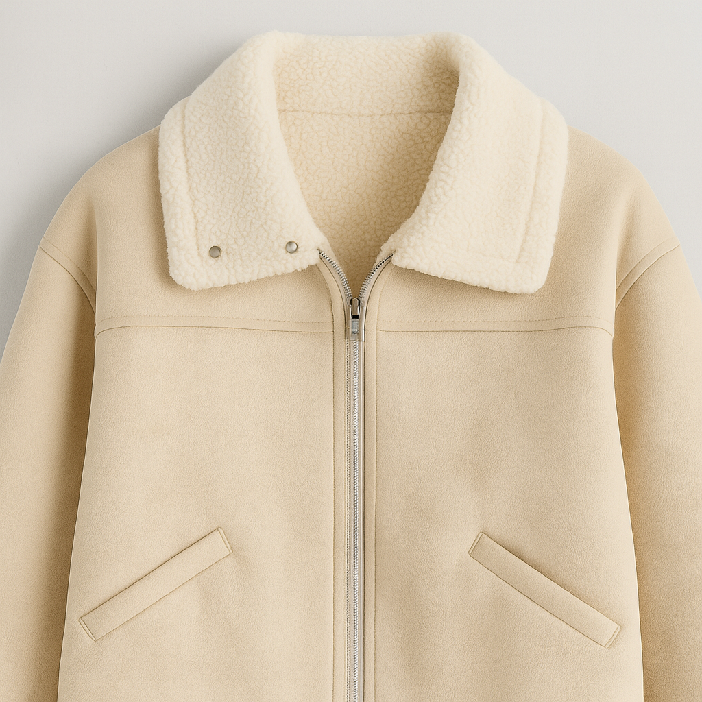 A casual zip-up jacket with a fold-over collar, long sleeves, and visible soft lining on the edges and interior.