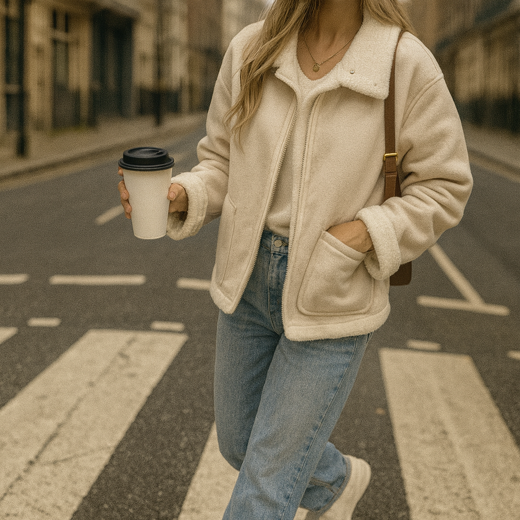 A casual zip-up jacket with a fold-over collar, long sleeves, and visible soft lining on the edges and interior.