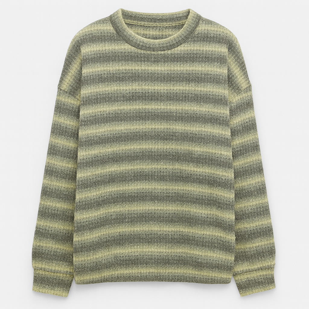 Striped knit sweater with ribbed texture and relaxed fit, styled for effortless everyday looks
