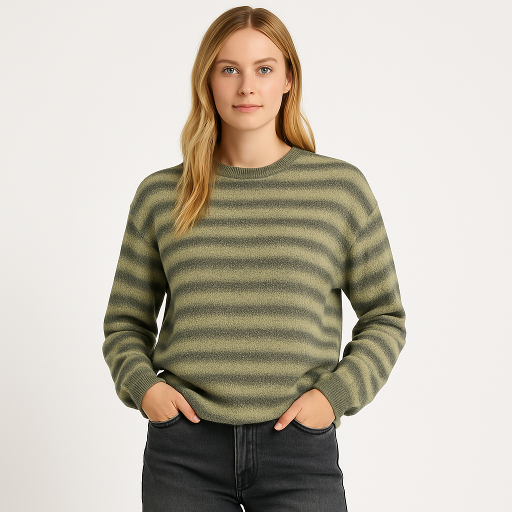 Striped knit sweater with ribbed texture and relaxed fit, styled for effortless everyday looks