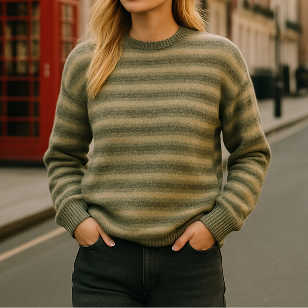 Striped knit sweater with ribbed texture and relaxed fit, styled for effortless everyday looks