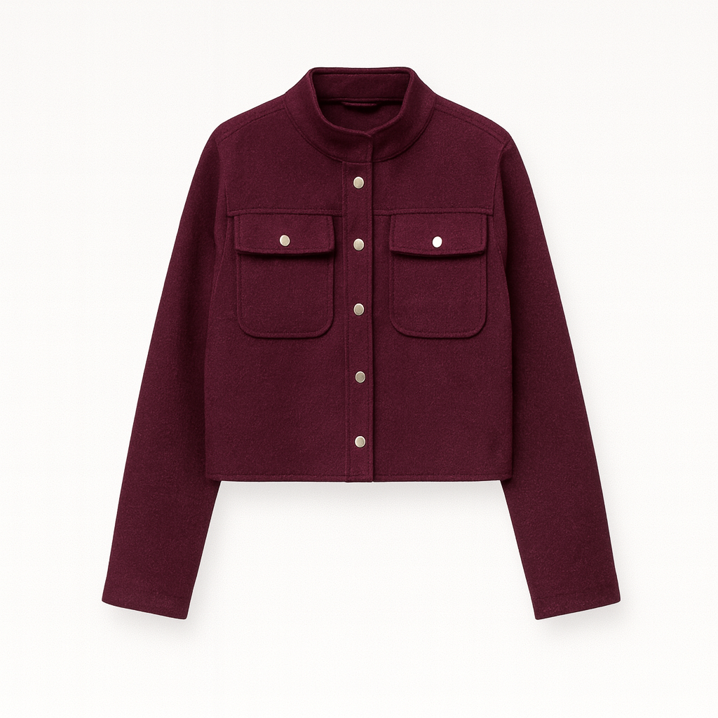 A short jacket with a stand collar, button-down front, long sleeves, and two front flap pockets.