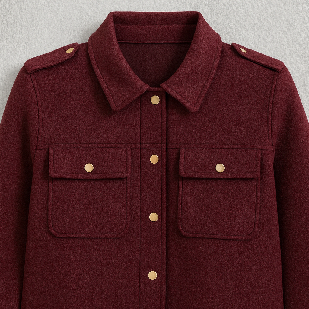 A short jacket with a stand collar, button-down front, long sleeves, and two front flap pockets.