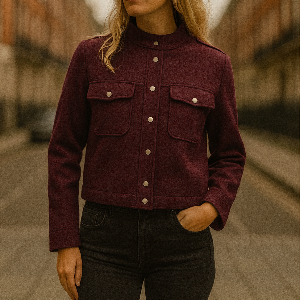 A short jacket with a stand collar, button-down front, long sleeves, and two front flap pockets.